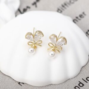 Chic Crystal Bowknot Heart Dangle Pearl Earrings - ArtGalleryZen