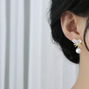 Chic Crystal Bowknot Heart Dangle Pearl Earrings - ArtGalleryZen