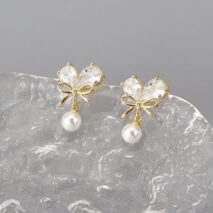 Chic Crystal Bowknot Heart Dangle Pearl Earrings - ArtGalleryZen