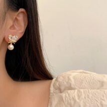 Chic Crystal Bowknot Heart Dangle Pearl Earrings - ArtGalleryZen