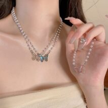 Chic Crystal Butterfly Pendant Pearl Chain Necklace - ArtGalleryZen