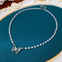 Chic Crystal Butterfly Pendant Pearl Chain Necklace - ArtGalleryZen