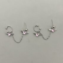 Chic Crystal Heart Angel Wings Ear Cuff Stud Chain Earrings - ArtGalleryZen