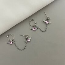 Chic Crystal Heart Angel Wings Ear Cuff Stud Chain Earrings - ArtGalleryZen