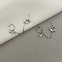 Chic Crystal Heart Angel Wings Ear Cuff Stud Chain Earrings - ArtGalleryZen