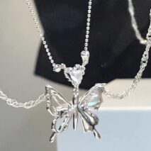 Chic Crystal Inlaid Layered Antique Silver Butterfly Necklace - ArtGalleryZen