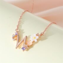 Chic Crystal Opal Inlaid Floral Alphabet Monogram Letter Necklace - ArtGalleryZen