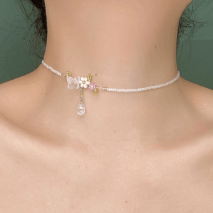 Chic Crystal Pendant Floral Seed Beaded Chain Choker Necklace - ArtGalleryZen