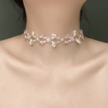 Chic Crystal Pendant Floral Seed Beaded Chain Choker Necklace - ArtGalleryZen