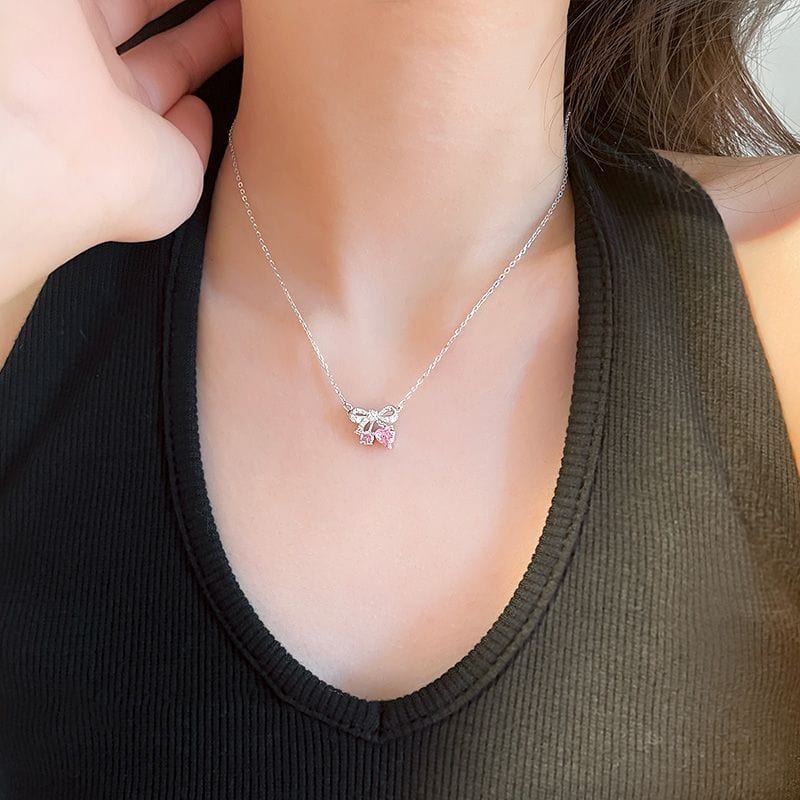 Chic CZ Inlaid Bowknot Cherry Pendant Necklace - ArtGalleryZen