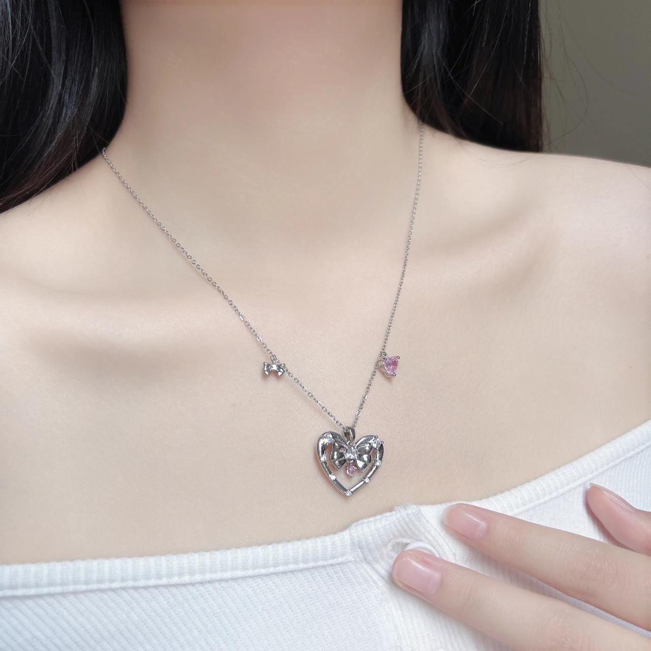 Chic CZ Inlaid Bowknot Heart Pendant Necklace - ArtGalleryZen