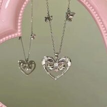 Chic CZ Inlaid Bowknot Heart Pendant Necklace - ArtGalleryZen
