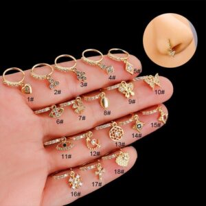 Chic CZ Inlaid Butterfly Evil Eye Heart Dangle Nose Piercing Hoop Nose Ring - ArtGalleryZen