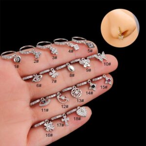 Chic CZ Inlaid Butterfly Evil Eye Heart Dangle Nose Piercing Hoop Nose Ring - ArtGalleryZen