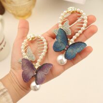 Chic CZ Inlaid Butterfly Pearl Chignon Hair Claw Clip - ArtGalleryZen