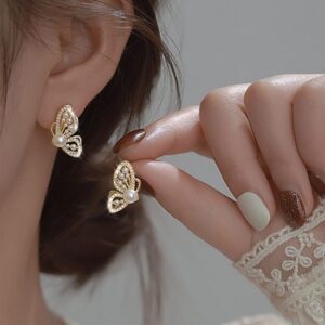 Chic CZ Inlaid Butterfly Pearl Earrings - ArtGalleryZen
