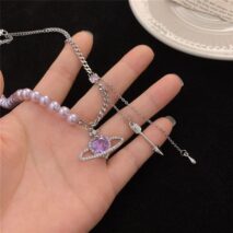 Chic CZ Inlaid Celestial Planet Heart Pendant Pearl Chain Necklace - ArtGalleryZen
