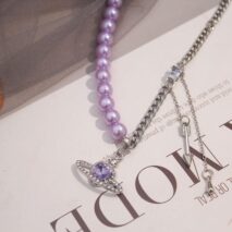 Chic CZ Inlaid Celestial Planet Heart Pendant Pearl Chain Necklace - ArtGalleryZen