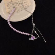 Chic CZ Inlaid Celestial Planet Heart Pendant Pearl Chain Necklace - ArtGalleryZen