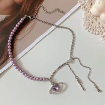 Chic CZ Inlaid Celestial Planet Heart Pendant Pearl Chain Necklace - ArtGalleryZen
