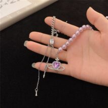 Chic CZ Inlaid Celestial Planet Heart Pendant Pearl Chain Necklace - ArtGalleryZen