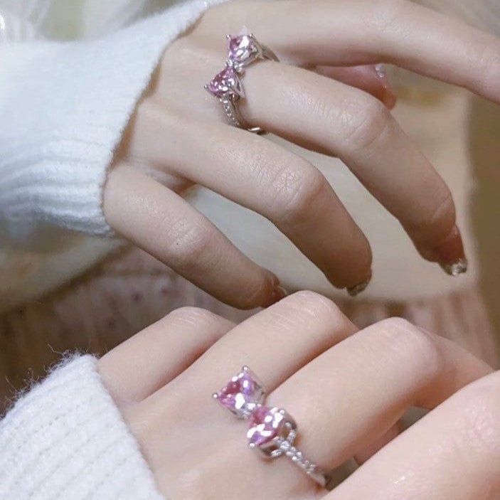 Chic CZ Inlaid Colorful Crystal Heart Bowknot Ring - ArtGalleryZen