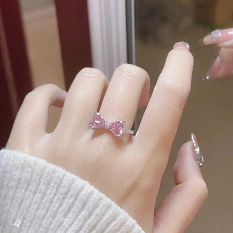 Chic CZ Inlaid Colorful Crystal Heart Bowknot Ring - ArtGalleryZen