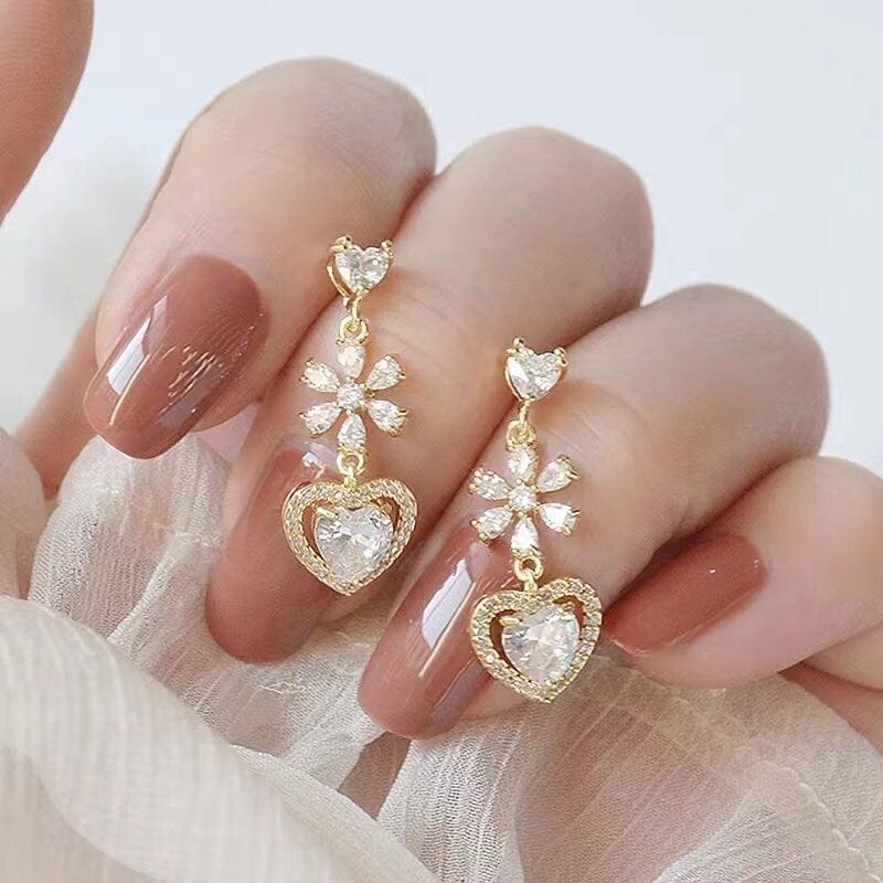 Chic CZ Inlaid Crystal Floral Heart Dangle Earrings - ArtGalleryZen