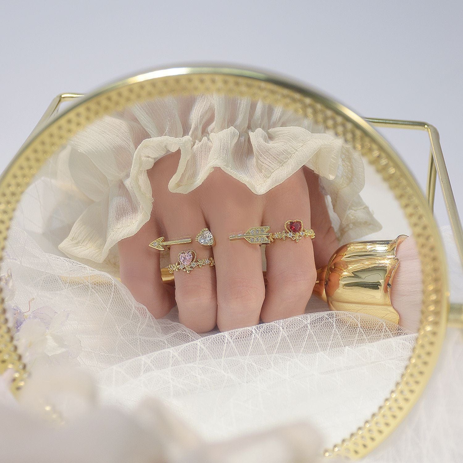 Chic CZ Inlaid Crystal Heart Arrow Of Love Double Ring Floral Ring Set - ArtGalleryZen