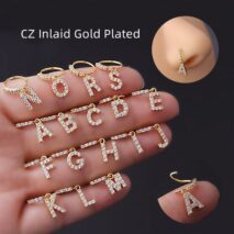 Chic CZ Inlaid Dangling Initial Letter Nose Piercing Nose Hoop - ArtGalleryZen