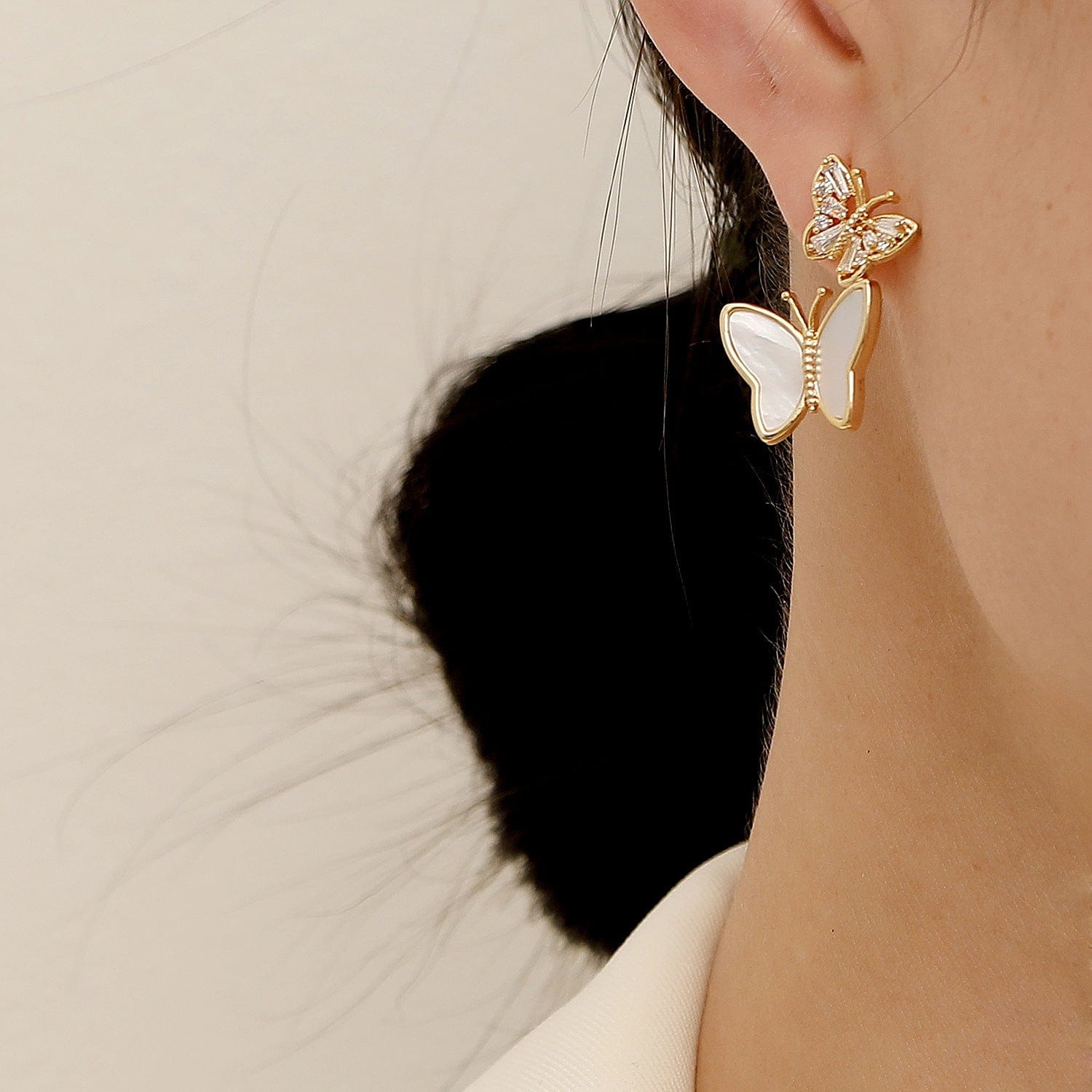 Chic CZ Inlaid Duo Butterfly Dangle Earrings - ArtGalleryZen