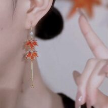 Chic CZ Inlaid Duo Maple Leaf Chain Tassel Earrings - ArtGalleryZen