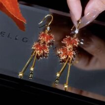 Chic CZ Inlaid Duo Maple Leaf Chain Tassel Earrings - ArtGalleryZen