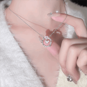 Chic CZ Inlaid Enamel Butterfly Heart Ring Necklace - ArtGalleryZen