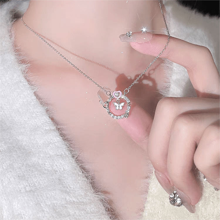 Chic CZ Inlaid Enamel Butterfly Heart Ring Necklace - ArtGalleryZen
