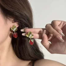Chic CZ Inlaid Enamel Leaf Strawberry Dangle Earrings - ArtGalleryZen