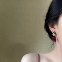 Chic CZ Inlaid Enamel Leaf Strawberry Dangle Earrings - ArtGalleryZen