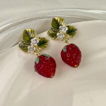 Chic CZ Inlaid Enamel Leaf Strawberry Dangle Earrings - ArtGalleryZen