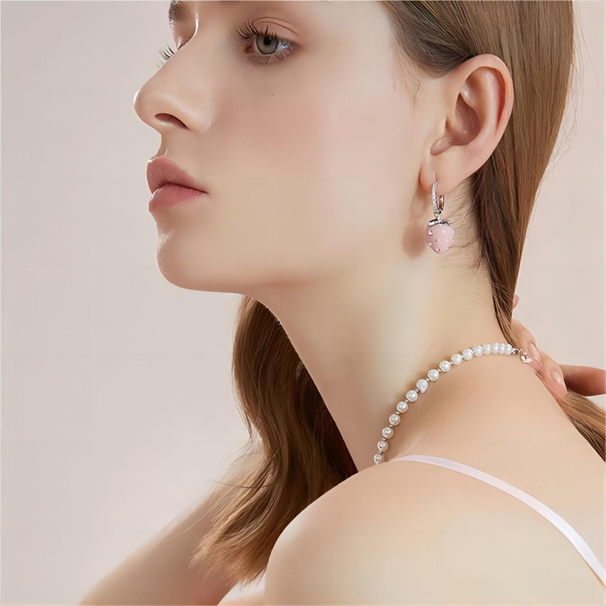 Chic CZ Inlaid Enamel Pink Strawberry Huggie Hoop Earrings - ArtGalleryZen