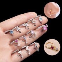 Chic CZ Inlaid Floral Arrow Heart Moon Star Dangling Nose Piercing Hoop - ArtGalleryZen