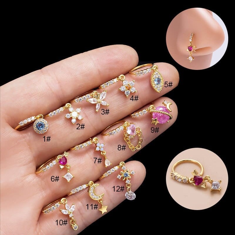 Chic CZ Inlaid Floral Arrow Heart Moon Star Dangling Nose Piercing Hoop - ArtGalleryZen