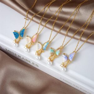 Chic CZ Inlaid Gradient Butterfly Pearl Pendant Cable Chain Necklace - ArtGalleryZen