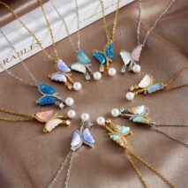 Chic CZ Inlaid Gradient Butterfly Pearl Pendant Cable Chain Necklace - ArtGalleryZen