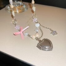 Chic CZ Inlaid Heart Locket Pendant Star Pearl Chain Necklace - ArtGalleryZen