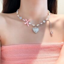 Chic CZ Inlaid Heart Locket Pendant Star Pearl Chain Necklace - ArtGalleryZen