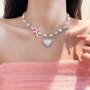 Chic CZ Inlaid Heart Locket Pendant Star Pearl Chain Necklace - ArtGalleryZen