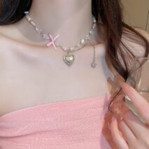Chic CZ Inlaid Heart Locket Pendant Star Pearl Chain Necklace - ArtGalleryZen