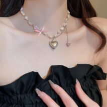 Chic CZ Inlaid Heart Locket Pendant Star Pearl Chain Necklace - ArtGalleryZen