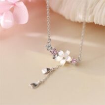 Chic CZ Inlaid Heart Tassel Cherry Blossom Necklace - ArtGalleryZen