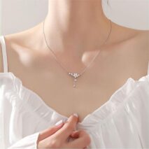 Chic CZ Inlaid Heart Tassel Cherry Blossom Necklace - ArtGalleryZen
